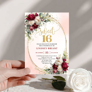 Convite Romântico Boho Merlot Dourado Floral Sweet Sixteen