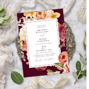 Convite Romântico Burgundy Floral Elegante Casamento