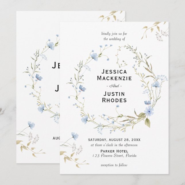 Convite Romântico Casamento de Flores Silvestres em Aquare (Frente/Verso)