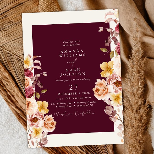 Convite Romântico Casamento Floral Burgundy Profundo e Ele (Criador carregado)