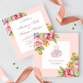 Convite Romântico Casamento Islâmico Muçulmano Floral Rosa