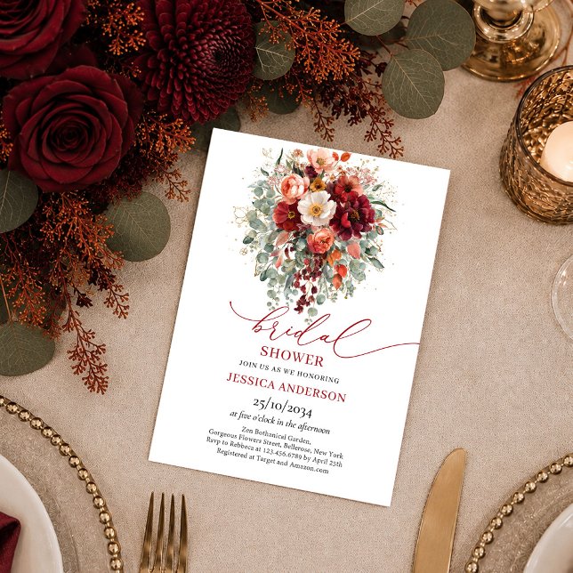 Convite Romântico Casamento Outono Dourado Eucalipto Show  (Romantic Burgundy Gold Eucalyptus fall bridal shower invitation

)