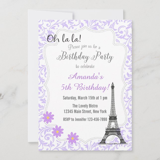 Convite Romântico de Aniversário em Paris Roxo (Frente)
