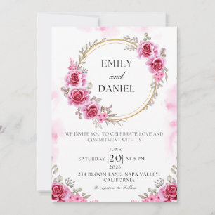Convite Romântico de Casamento Dobrado Rosa