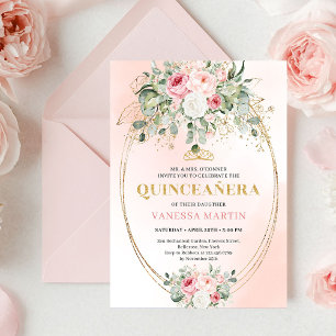 Convite Romântico de Quinceañera em Rosa Pálido co