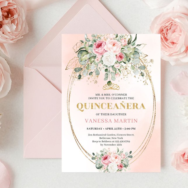 Convite Romântico de Quinceañera em Rosa Pálido co (Romantic Pale Pink Eucalyptus Quinceañera Invite

)