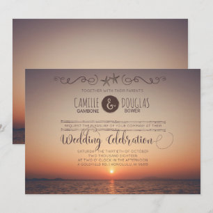 Convite romântico do casamento de praia do por do