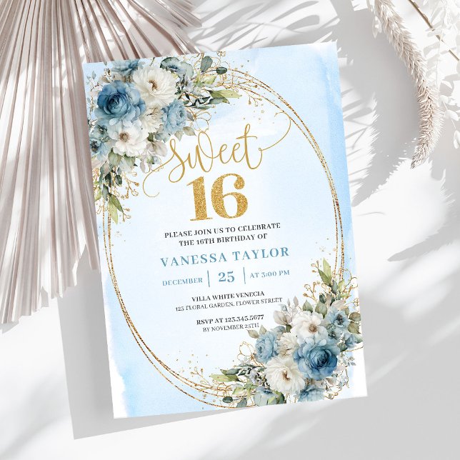 Convite Romântico Dusty Blue Greenery Sweet Sixtee (Romantic Dusty Blue Greenery Sweet Sixteen Invitation)