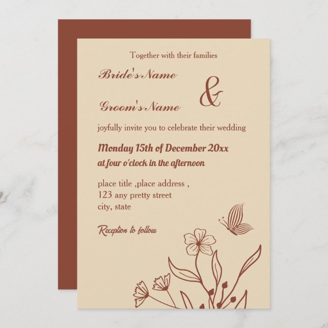 Convite Romântico elegante terracotta floral (Frente/Verso)