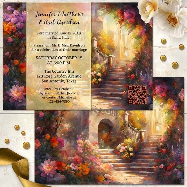 Convite Romântico Elope italiano ou Festa de casamento Pos (Romantic post or after wedding invitation featuring an Italy inspired painting with lots of flowers)