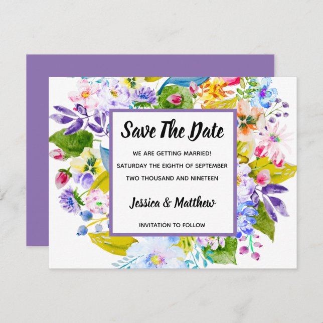 Convite Romântico Floral Roxo Salvar Data (Frente/Verso)