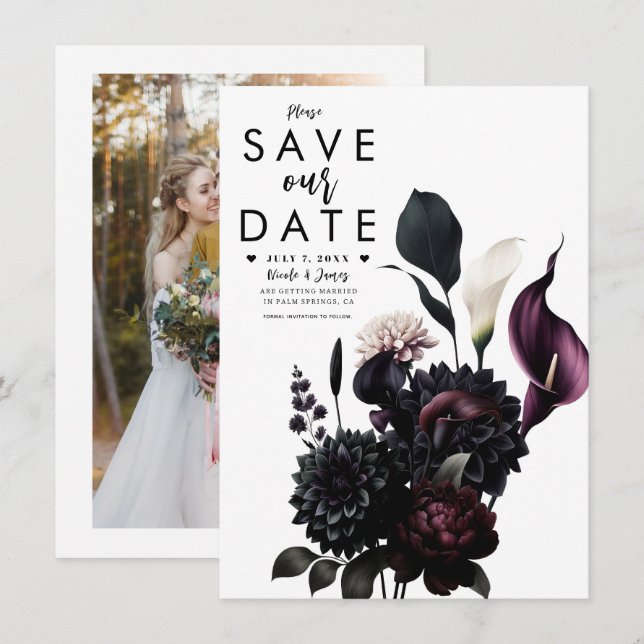 Convite Romântico Floral Sombrio Casamento Data de Salvata (Frente/Verso)