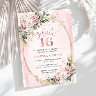 Convite Romântico Floral Verde Rosa Poético Sweet Sixteen