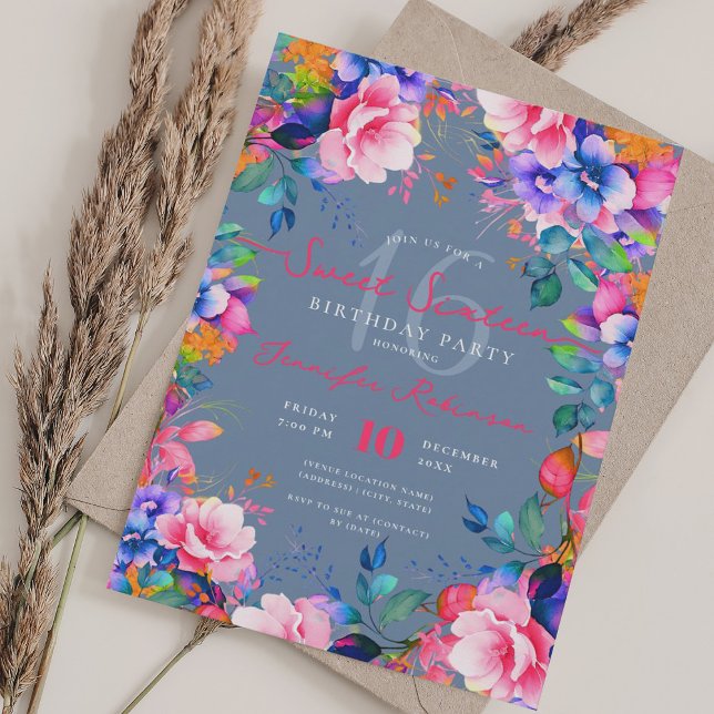 Convite Romântico Jardim Arco-Íris Floral Sweet 16 Dusty B (Romantic Rainbow Garden Floral Sweet 16 Dusty Blue Invitation)