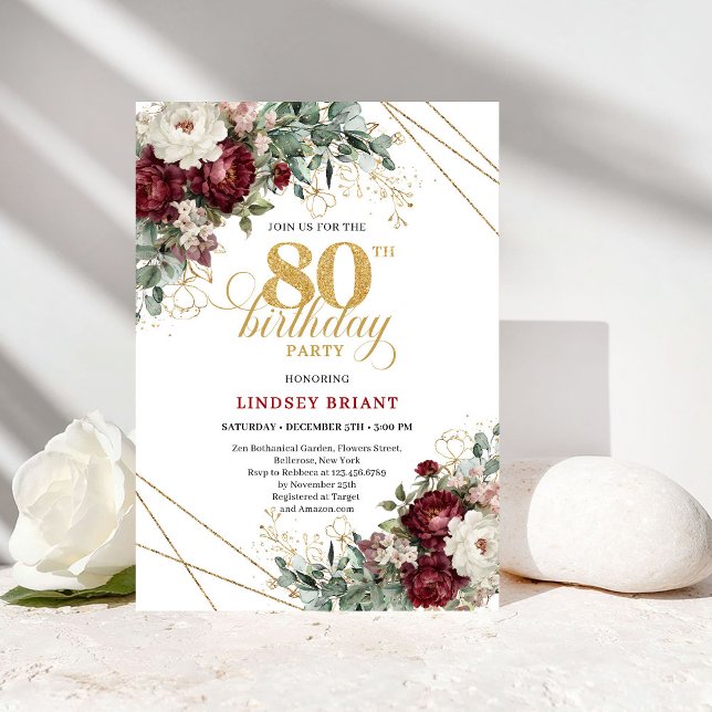 Convite Romântico Marsala Eucalipto 80º Aniversário (Romantic Marsala Eucalyptus 80th Birthday)
