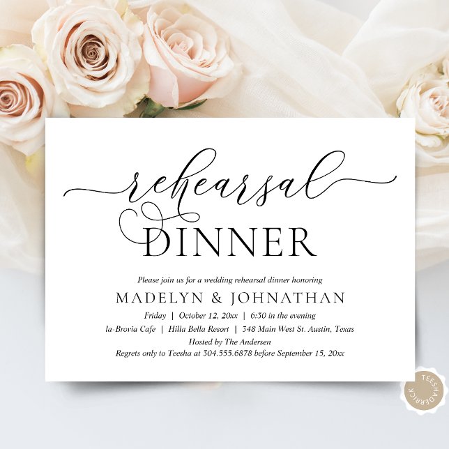 Convite Romântico Moderno, Jantar de Ensaios de Casamento (The Night Before, Wedding Rehearsal Dinner, Brunch or Lunch Invitation Card, in Modern Classy theme)