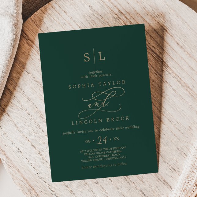 Convite Romântico Monograma de Caligrafia Verde Casamento (Romantic Green Calligraphy Monogram Wedding Invitation)