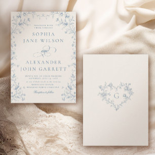 Convite Romântico Monograma Floral Azul de Casamento