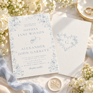 Convite Romântico Monograma Floral Azul de Casamento