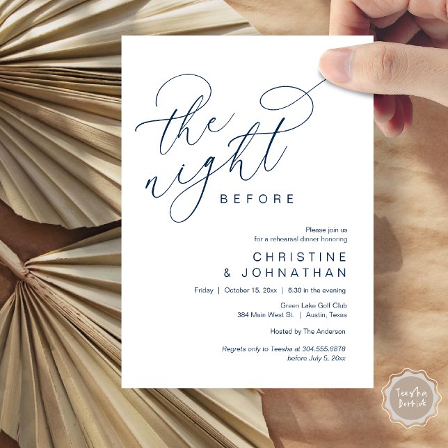 Convite Romântico Na Noite Antes Do Janto De Ensaio De Cas (Romantic The Night Before Wedding Rehearsal Dinner Party Invitation Card, in Classy Navy Blue)