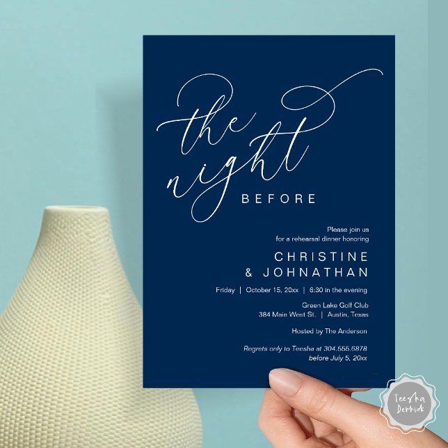 Convite Romântico Na Noite Antes Do Janto De Ensaio De Cas (Romantic The Night Before Wedding Rehearsal Dinner Party Invitation Card, in Classy Navy Blue)