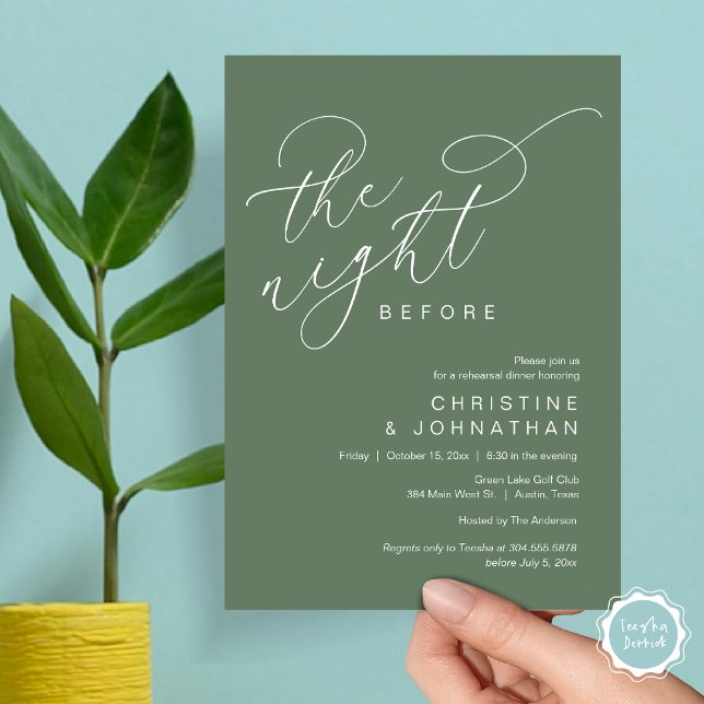 Convite Romântico Na Noite Antes Do Janto De Ensaio De Cas (Romantic The Night Before Wedding Rehearsal Dinner Party Invitation Card, in Forest Sage Green)