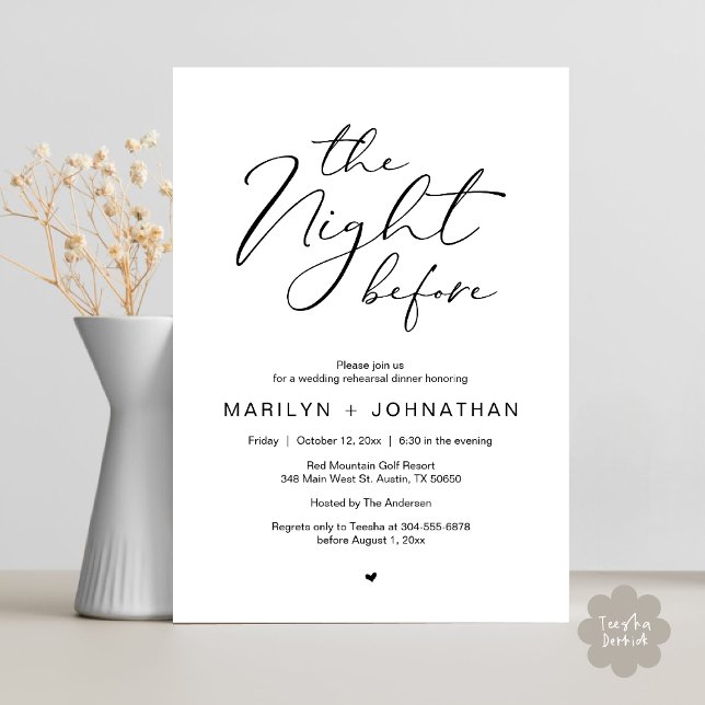Convite Romântico Na Noite Antes Do Janto De Ensaio De Cas (Romantic The Night Before Modern Wedding Rehearsal Dinner Invitation Card PDF Black White)