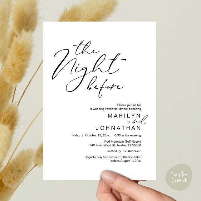 Convite Romântico Na Noite Antes Do Janto De Ensaio De Cas (Romantic The Night Before Modern Wedding Rehearsal Dinner Invitation Card PDF Black White)