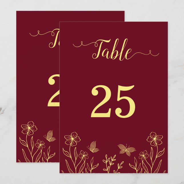 Convite Romântico número de mesa burgundy flor de ouro ele (Frente/Verso)
