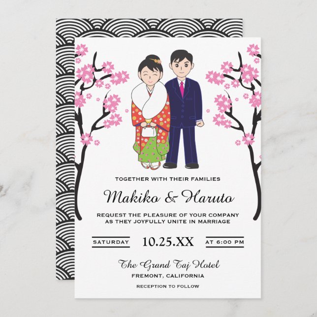 Convite Romântico para Casamento de Casais Japonês (Frente/Verso)