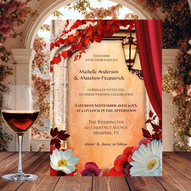 Convite Romântico para Casamento de outono de Boho (Italian wedding invitation featuring festive and colorful autumn leaves and romantic flowers)