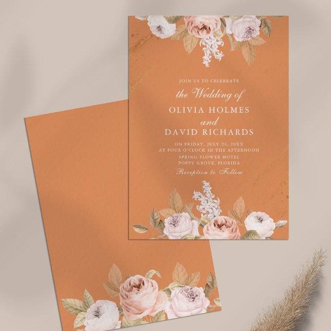 Convite Romântico para Casamento de Penas Apricot (Romantic Apricot Peony Wedding Invitation on neutral table)