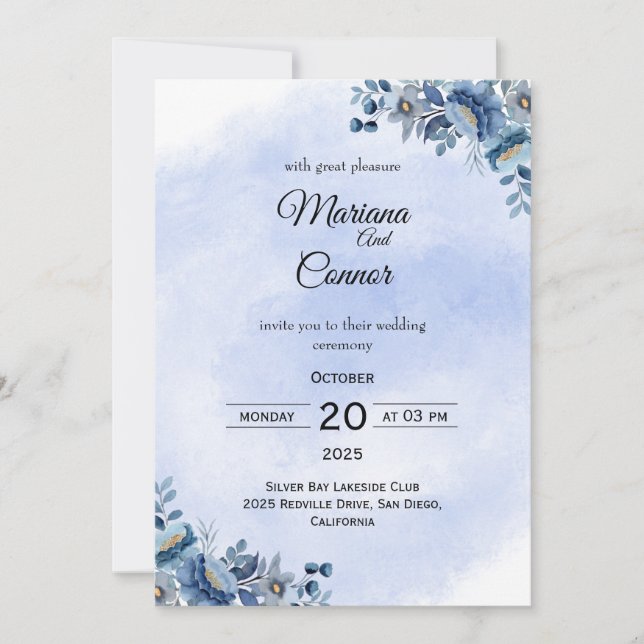 Convite Romântico para Casamento de Penas Azuis Ro (Frente)