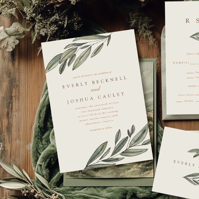 Convite Romântico para Casamento Evergreen (Romantic Evergreen watercolor botanical wedding invitations)
