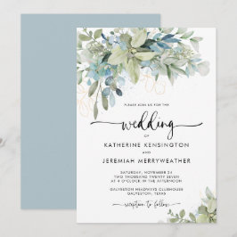 Convite Romântico para Casamento Floral Azul Suave