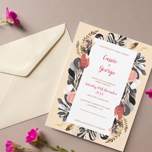 Convite Romântico para Casamento Floral Blush e Pr (Romantic Blush & Black Floral Wedding Invitation Postcard)