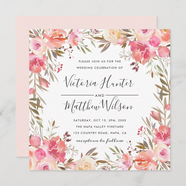 Convite Romântico para Casamento Floral de Blush B (Frente/Verso)