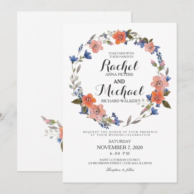 Convite Romântico para Casamento Floral de Wreath (Frente/Verso)