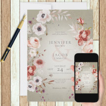 Convite Romântico para Casamento Floral Rosa Verde