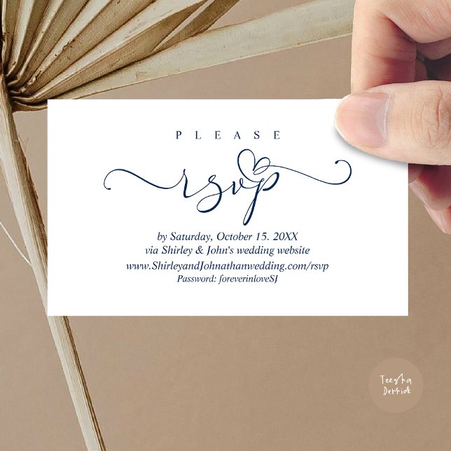 Convite Romântico para Casamento RSVP, via Web (Modern RSVP Wedding Invitation, via Website Enclosure Card, Phone, email, Navy Blue)