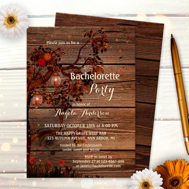 Convite Romântico para Festas de solteira de outon (Rustic bachelorette invitation featuring an autumn tree with colorful leaves, roses and lanterns)