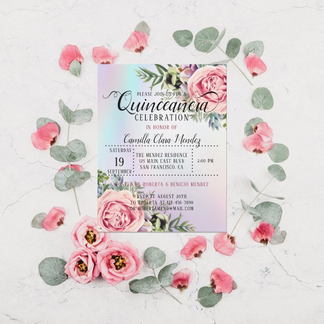 Convite Romântico para Quinceañera Floral Elegante (Criador carregado)