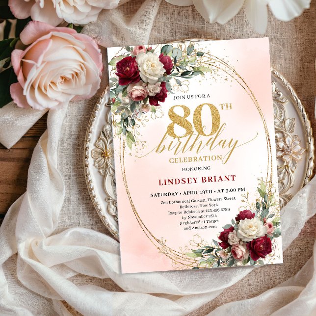 Convite Romântico Quadro de Flores Burgundy Dourado Aniver (Romantic Burgundy Floral Gold Frame 80th Birthday Invite)