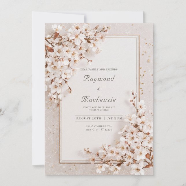 Convite Romântico Quadro Dourado de Casamento com Flor de  (Frente)