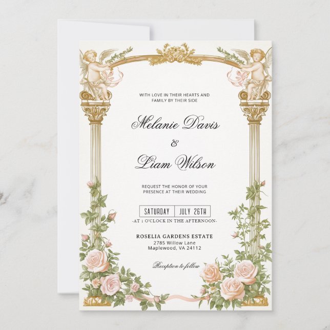 Convite Romântico Querubim Arco Dourado Floral Casamento  (Frente)