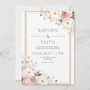 Convite Romântico Rosa Bege Branco Rosa Floral Casamento