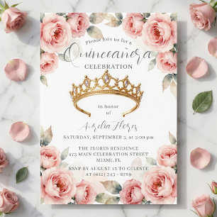 Convite Romântico Rosa Bege Rosas Tiara Dourada Quinceaner