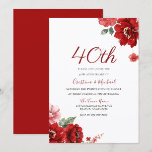 Convite Romântico Rubi Vermelho Floral 40º Aniversário