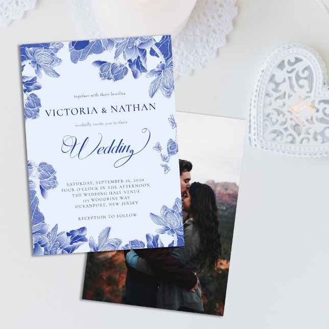 Convite romântico Rustic Blue Floral com Photo Wedding (Criador carregado)