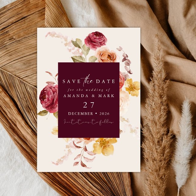 Convite Romântico Save the Date Floral Burgundy Profundo (Criador carregado)